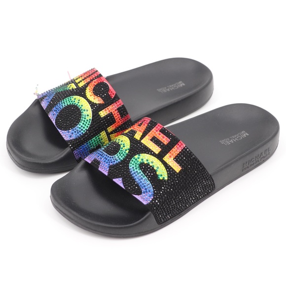 New Michael Kors 7 Gilmore Embellished Slide Sandals Black Multi - Picture 5 of 16